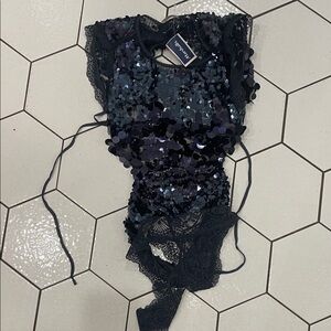 Free People Navy Sequin Lace Bodysuit